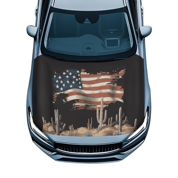 Pzuqiu Car Hood Cover Protector Automotive Accessories With American Flag Desert Cactus - Universal Stretch Protection for Exterior Decor