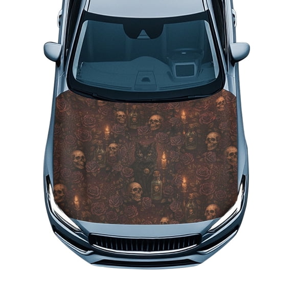 Pzuqiu Car Hood Cover Protector Automotive Accessories With Gothic Black Cat Skulls - Weather Resistant for Halloween and Daily Use