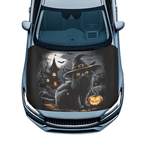 Pzuqiu Car Hood Cover Protector With Black Cat Witch Design - Halloween Automotive Decoration for All Vehicle Types