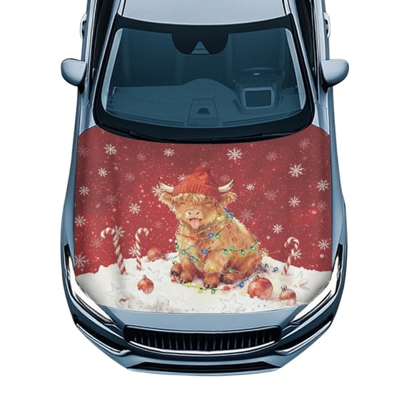 Pzuqiu Car Hood Cover Protector With Christmas Highland Cow - Decorative Automotive Accessory for Holiday Season