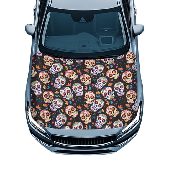 Pzuqiu Car Hood Cover Protector With Floral Sugar Skull Pattern - Universal Decorative Automotive Accessory for All Vehicle Types