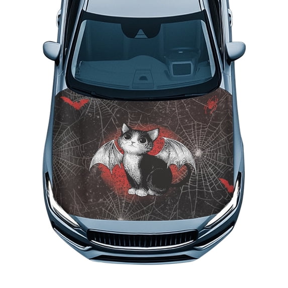 Pzuqiu Car Hood Cover Protector With Halloween Bat Cat Pattern - Universal Fit Automotive Accessory for Spooky Holiday Decoration