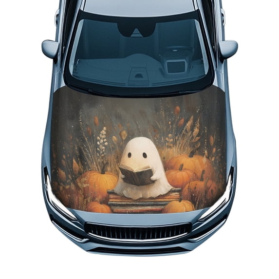 Pzuqiu Car Hood Cover Protector With Halloween Ghost Pumpkin - Decorative Automotive Accessory for All Season Use