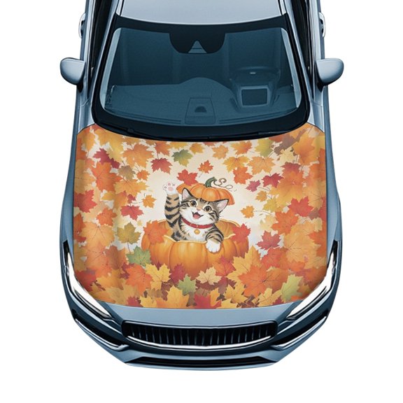 Pzuqiu Car Hood Cover Protector With Pumpkin Cat Autumn Maple Pattern - Universal Fit for Thanksgiving and Fall Decor