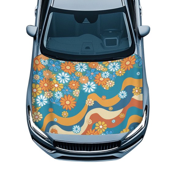 Pzuqiu Car Hood Cover Protector With Retro Floral Wavy Design - Universal Automotive Accessory for Exterior Decoration