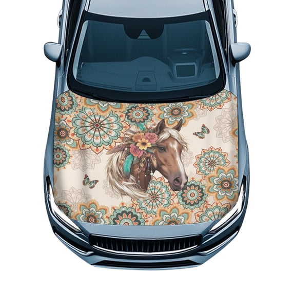 Pzuqiu Car Hood Protectors Cover Floral Horse Pattern Elastic Stretch Fabric, Heat-Resistant Straps Reinforcement Car Hood Cover for SUV Truck Van
