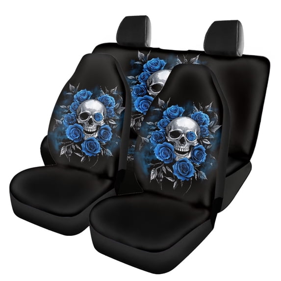 Pzuqiu Car Seat Cover Sets Full Set Elastic Car Seat Covers Full Set Polyester Fabric Removable Protect, Fit for Truck Cars Sedans, Skull and Rose Design