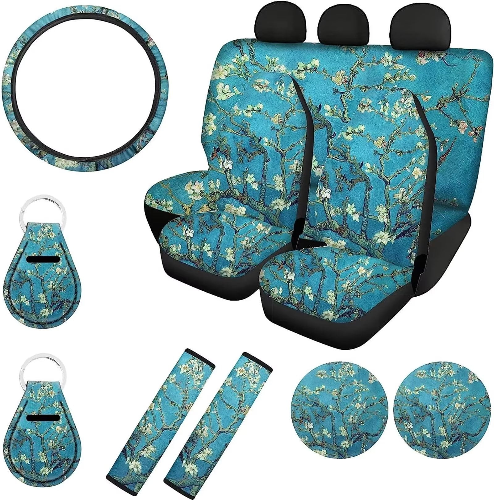 Pzuqiu Car Seat Covers and Accessories Girly Floral Front Rear Seat Covers+  Steering Wheel Cover+ Seatbelt Pads+ Coasters+ Keychains for Women SUV