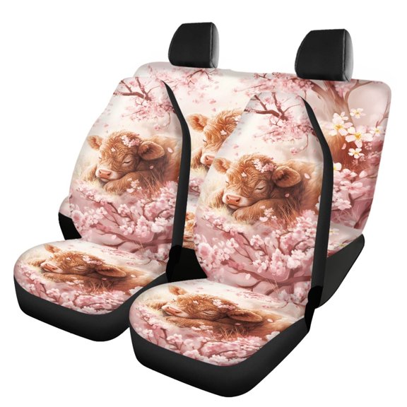 Pzuqiu Car Seat Covers Easy to Install Polyester, Compatible with Automotive Seats Front Seats, for Van Cars, Highland Cattle Cherry Blossom