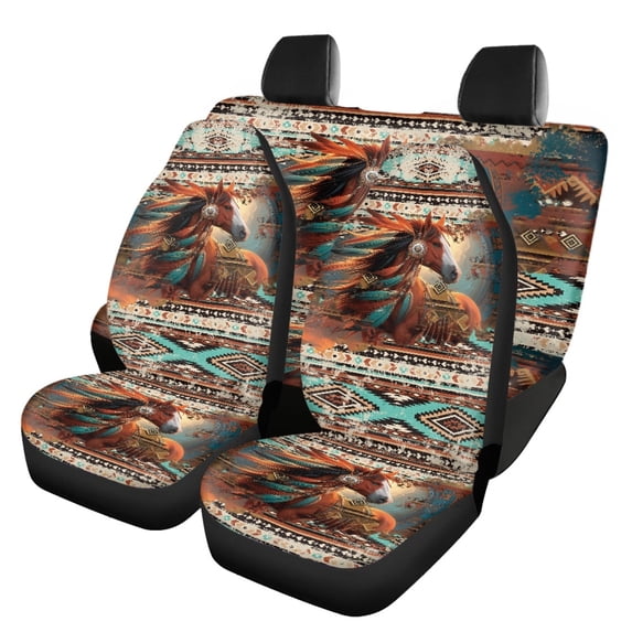 Pzuqiu Car Seat Covers Full Set Softy Polyester, Compatible with Front Seats Sedan Seats, for Trucks Cars, Southwestern Horse Print