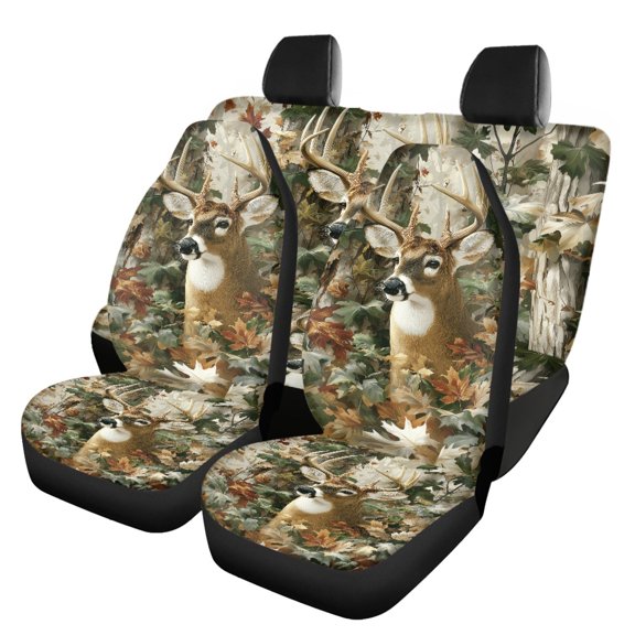 Pzuqiu Car Seat Covers Set Auto Decor Polyester, Compatible with Automotive Seat SUV Seats, for Cars Truck, Deer and Maple Leaf Pattern Design