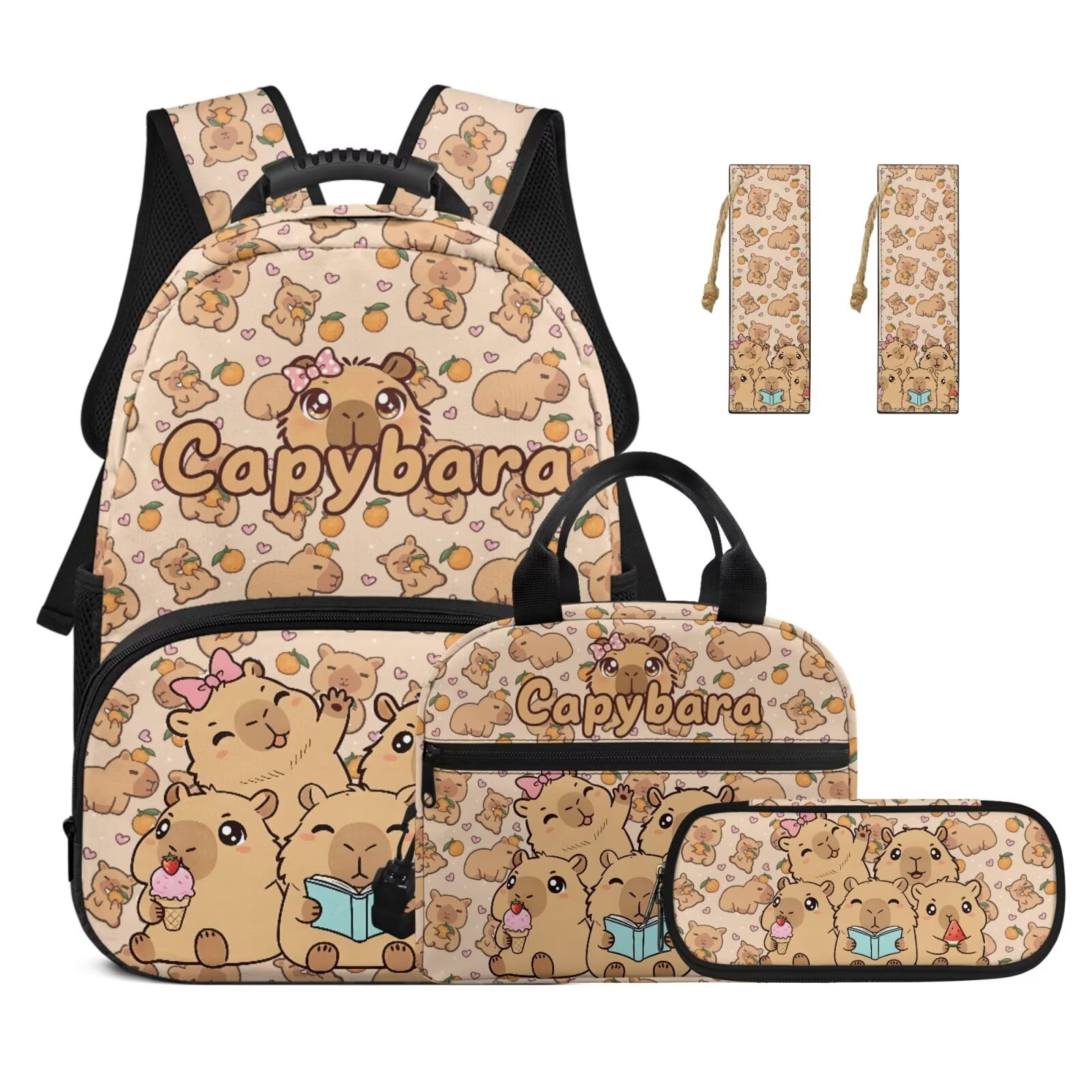 Pzuqiu Cartoon Capybara Back Pack for School Girls 4 pcs Backpacks for Teens Backpack with Lunch Bag Pencil Case 2pcs Bookmark Bookbags with Adjustable Shoulder Strap Rucksack