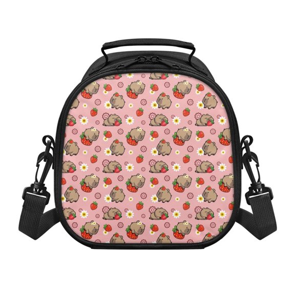 Pzuqiu Cartoon Capybara & Strawberry Floral Pattern Large Capacity Kids Lunch Bag for Outdoor Trips, Mesh Pocket Kids Insulated Lunch Bag