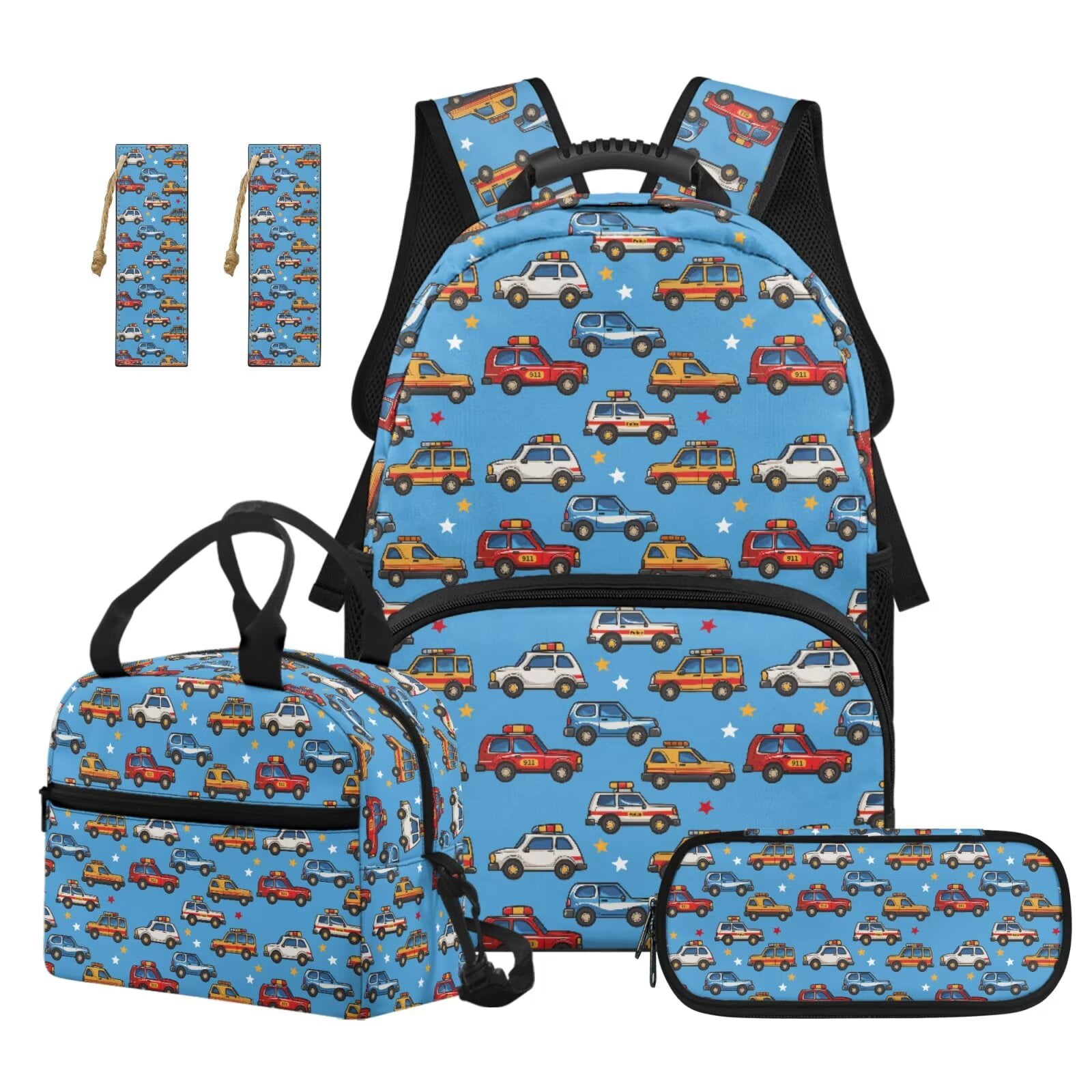 Pzuqiu Cartoon Car Print Back Pack for School Girls 4 pcs 17 Inch Kids Backpack Lunch Bag with Pencil Case,Cute Travel Rucksack Camping Schoolbag for Teens Middle School
