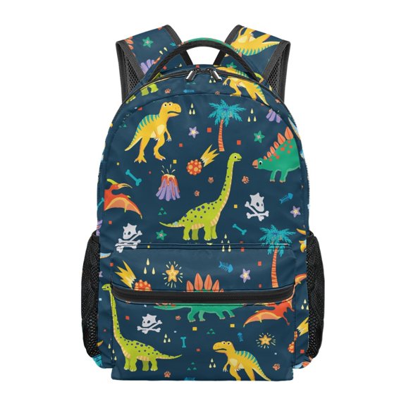 Pzuqiu Cartoon Dinosaur & Tropical Element Print Elementary School Backpack, Dual Side Pockets Student Backpack Comfortable Straps School Bag for Daily School