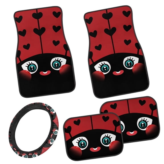 Pzuqiu Cartoon Ladybug Car Floor Mats All Weather Anti Slip Driver Seat, Car Steering Wheel Cover Passenger Seat and Rear Floor Mats Easy Installation for SUV, Vans,Sedan,Trucks