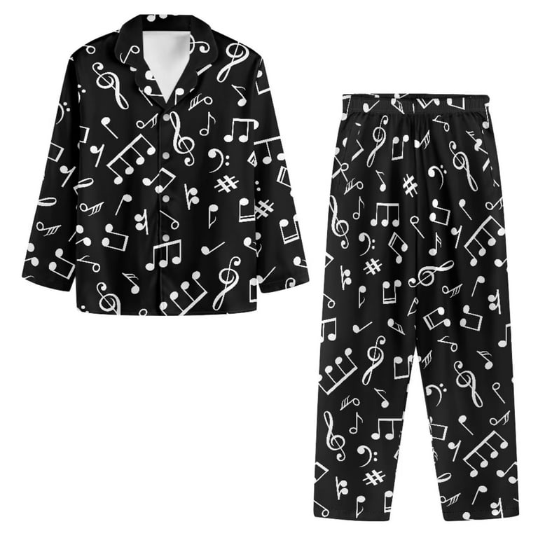 Pzuqiu Casual Pjs Sets for Women Long Sleeve Pajamas Music Note Nightgown,2  Pieces Stretchy O Neck Sweatsuit Indoor Athletic Yoga Clothing Skin