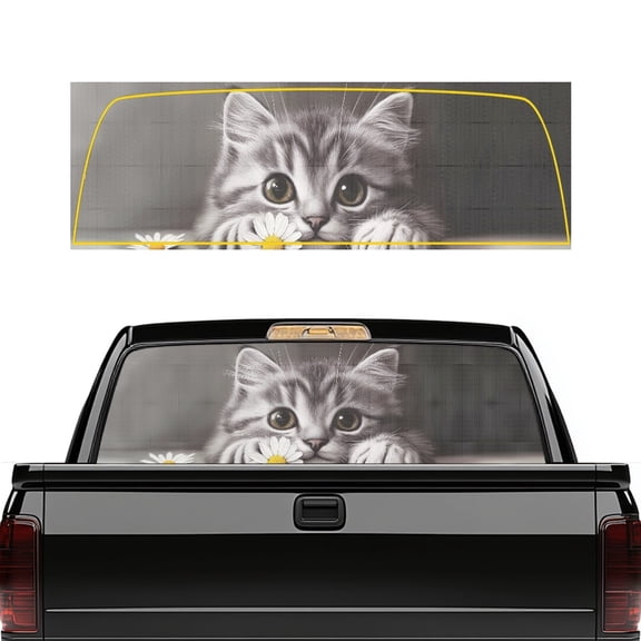 Pzuqiu Cat Daisy Print Truck Rear Window Decal 66.9 x 22.4 Inches, Vinyl Back Window Decals for Most Pickup Trucks, Weather Resistant Full Coverage Windshield