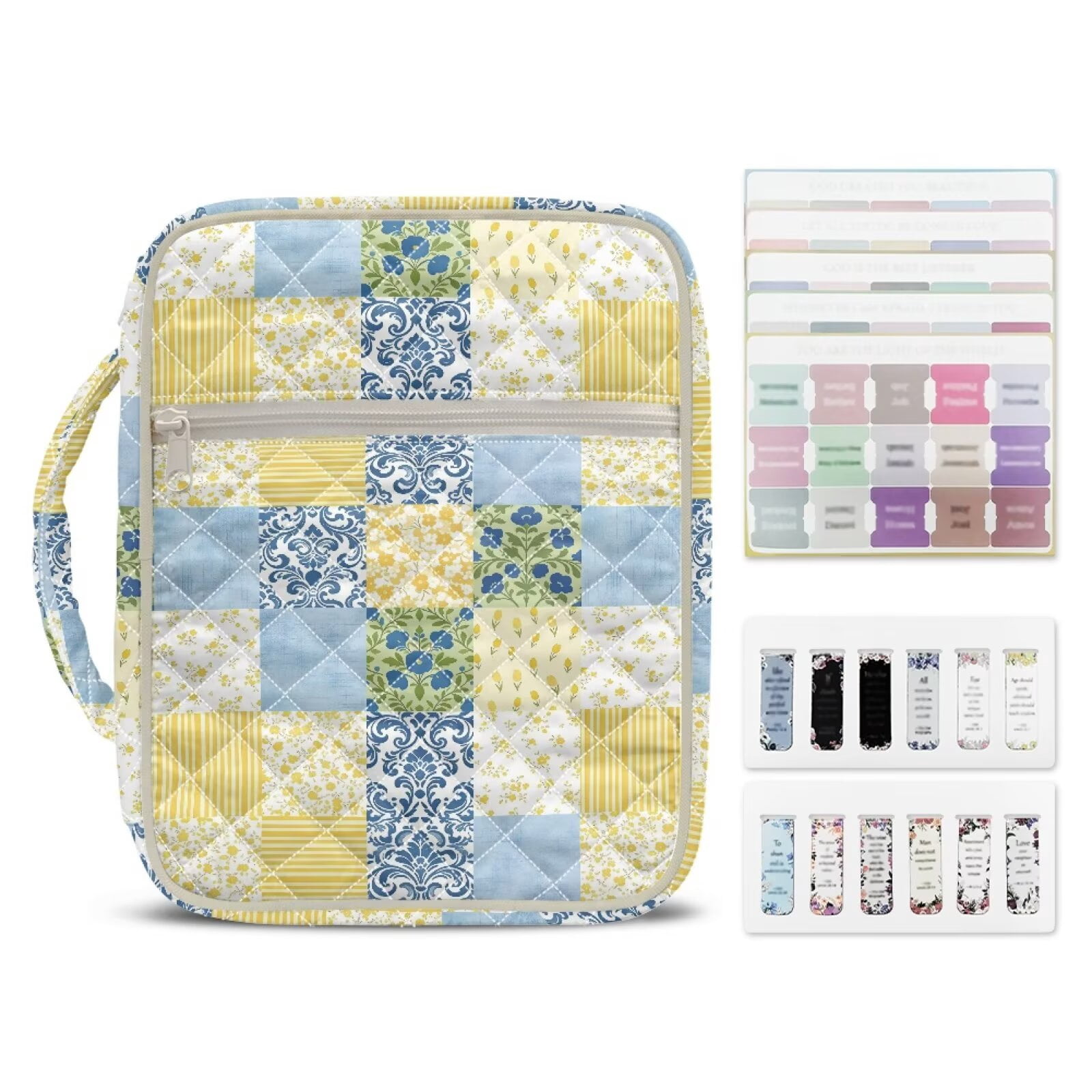 Pzuqiu Checkered Flower Large Bible Case includes 75 Bible Tabs & 12 Bookmarks Multi-Functional Scripture Book Cover Organizer for Book Lovers ,Bibles Accessories Perfect Gift