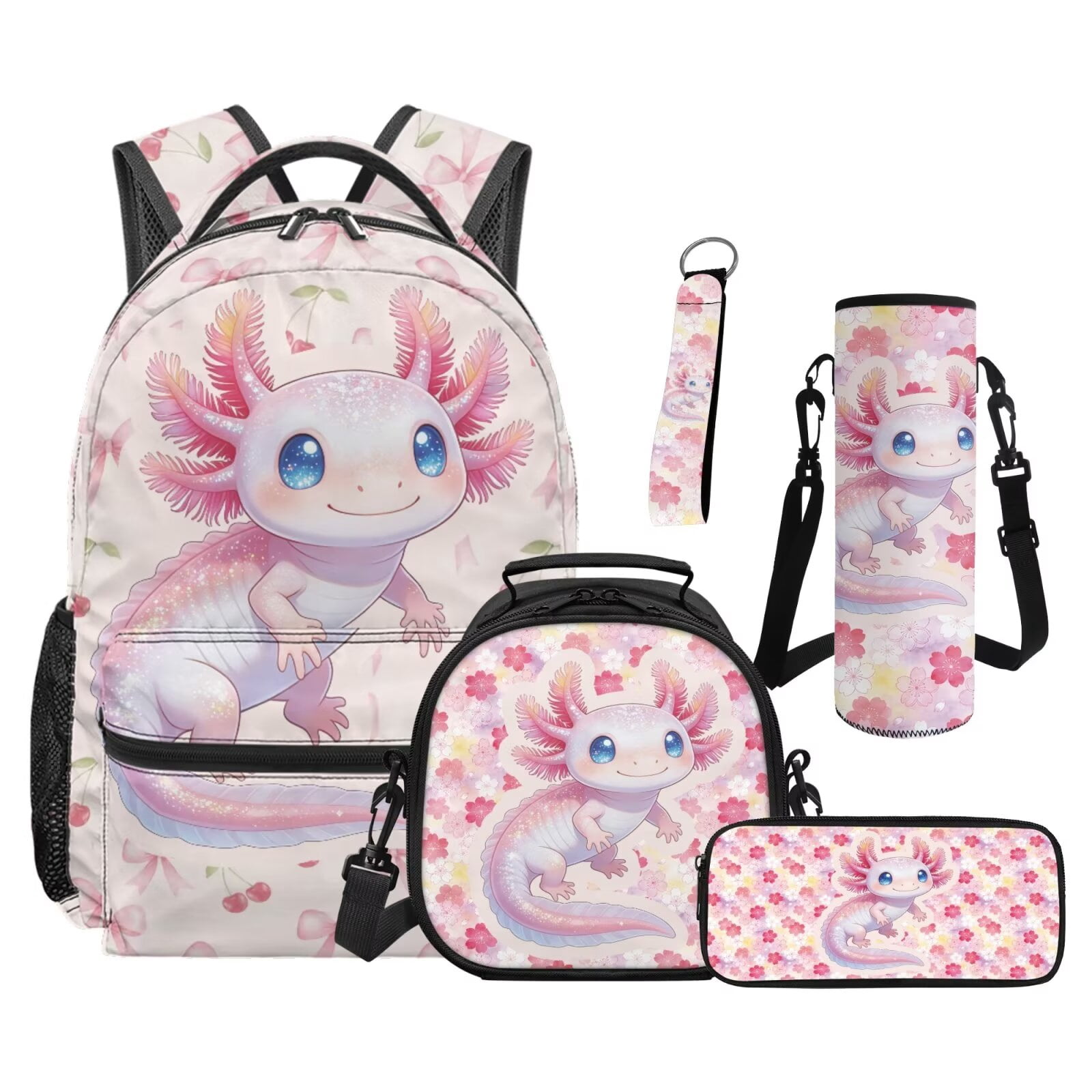 Pzuqiu Cherry Axolotl Back Pack for School Girls 5 pcs Kids Backpacks for Girls Lunch Bag with Water Bottle Holder Pencil Bag Cute Travel Rucksack Camping School Bag