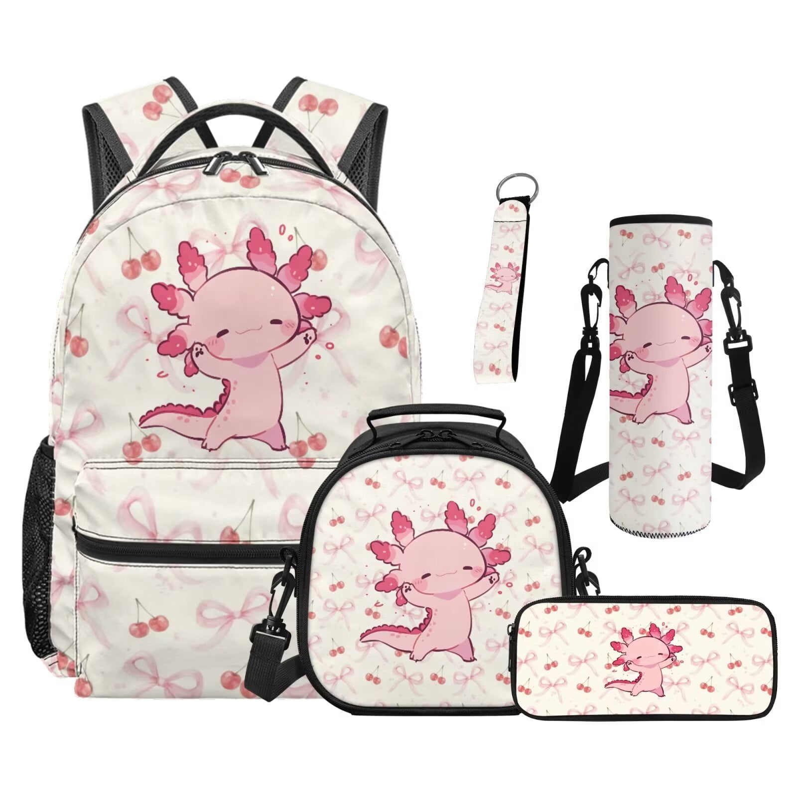 Pzuqiu Cherry Axolotl School Backpack for Girls 5 pcs Students Book Bag Schoolbags Preschool Back Packs with Lunch Box Pencil Case Water Bottle Bag