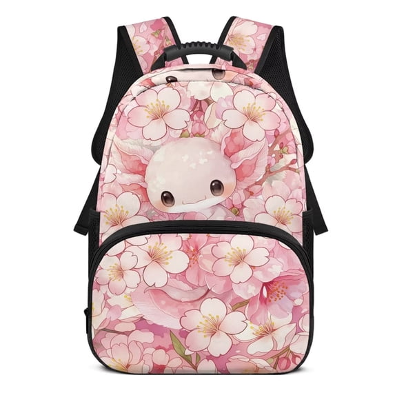 Pzuqiu Cherry Blossom Axolotl 17 Inch Personalized School Backpack for Boys Girls Large Capacity Custom Schoolbags with Name Customized School Backpack for Girls Ages 8-10