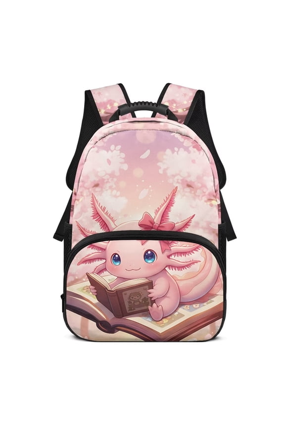 Cherry Blossom Axolotl 17 Inches Customized School Backpack for Girls Personalized Schoolbags with Adjustable Shoulder Strap Custom Backpack with Name for Students Age 6-12