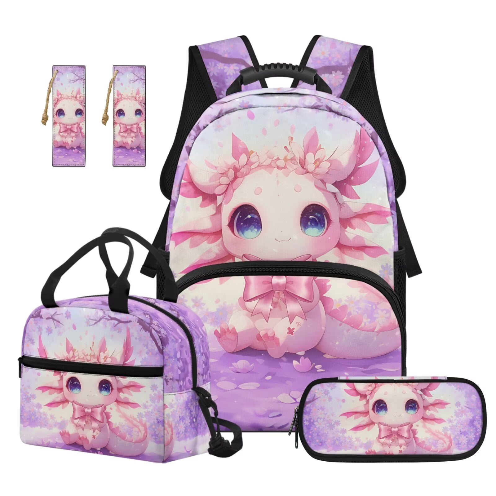 Pzuqiu Cherry Blossom Axolotl Backpack for Girls 4 Piece School Bookbag with Lunch Bag Lightweight School Bag for Girls 10-12 Elementary Backpack with Pencil Box 2pcs Bookmark