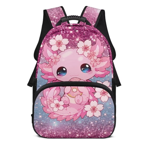 Pzuqiu Cherry Blossom Axolotl Customized Backpack for Kids Personalized Book Bag Back to School 17 Inch Lightweight Custom School Bags with Name Schoolbag for Girls Laptop Daypack