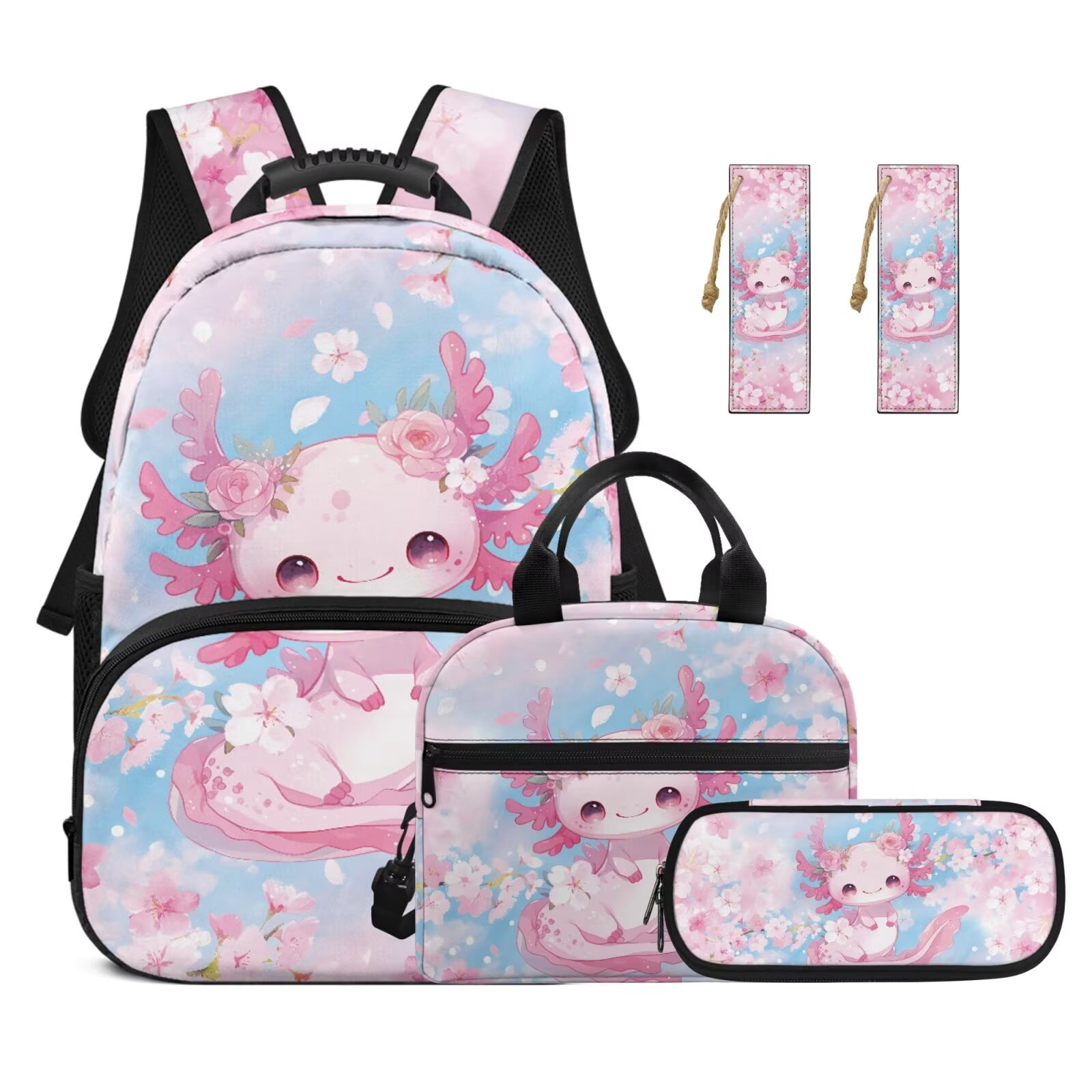 Pzuqiu Cherry Blossom Axolotl Kids Backpack for Girls 4 Piece School Bookbag for Kids with Lunch Box Pencil Case 2pcs Bookmark 17 Inch Middle School Backpack Travel Rucksack