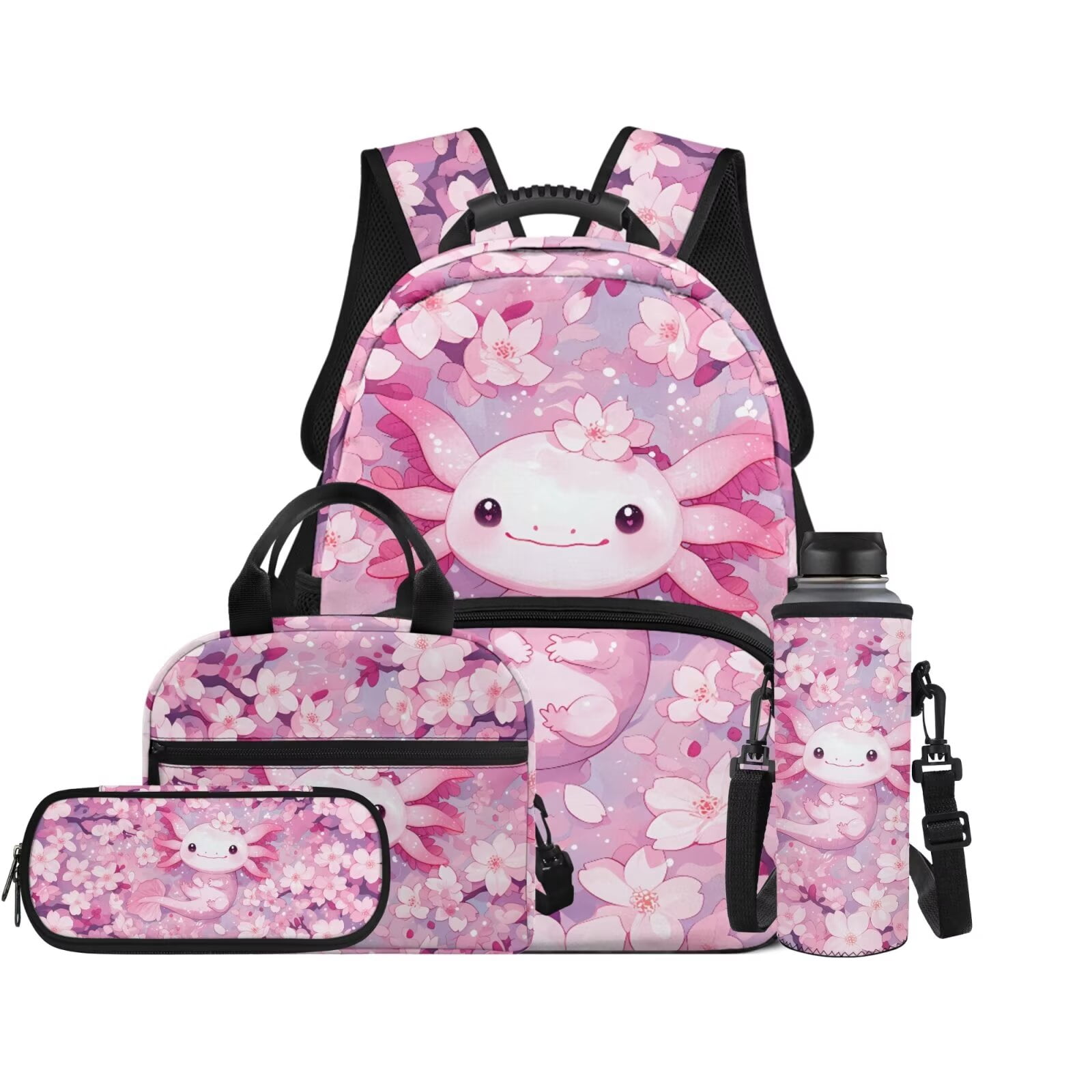 Pzuqiu Cherry Blossom Axolotl Kids Backpack for School Kawaii Back Pack with Lunch Box Pencil Case Water Bottle Holder,4pcs Large 17 Inch Student Bag Backpacks for Middle School