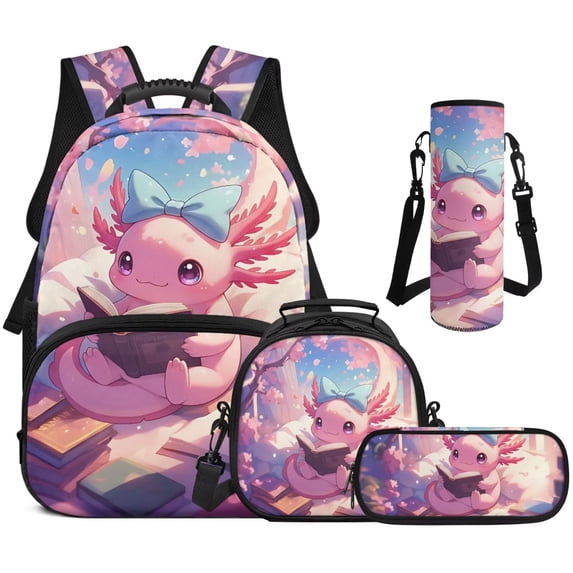 Pzuqiu Cherry Blossom Axolotl Kids Backpack Set of 4 School Bags for Girls Travel Bag with Adjustable Shoulder Strap 17 Inch Bookbag with Lunchbox Pencil Case Water Bottle Holder