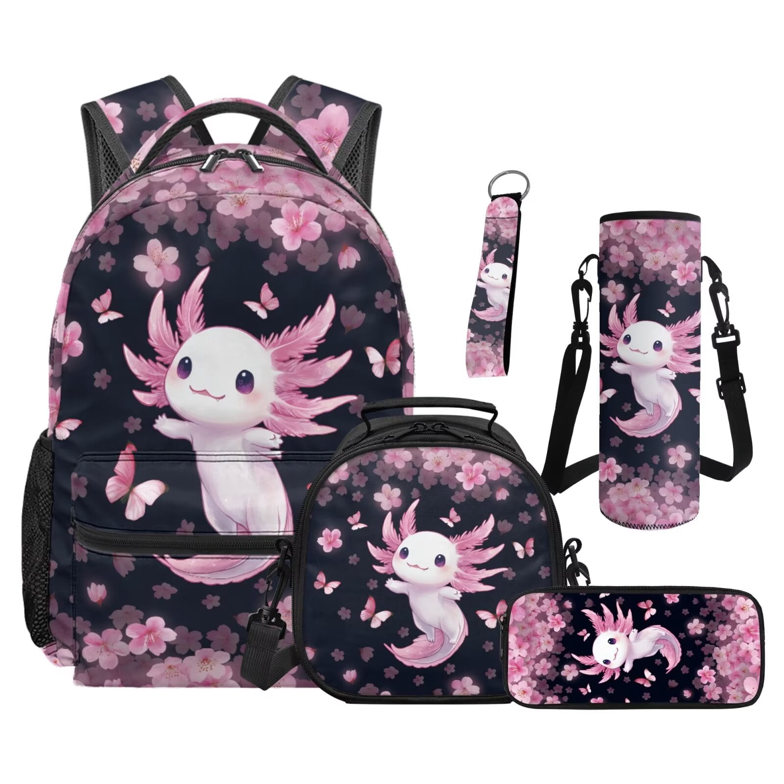 Pzuqiu Cherry Blossom Axolotl Kids Backpack Set for Girls with Lunch Box Water Bottle Bag Kawaii Backpacks for School with Adjustable Shoulder Strap,5pcs Student Bag