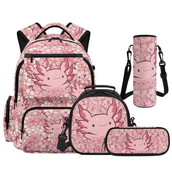 Pzuqiu Cherry Blossom Axolotl School Backpack Set for Girls 4 Piece with Lunch Box,Pencil Case,Water Bottle Holder,17 Inch Large Capacity Schoolbag with Adjustable Straps for Elementary Middle School