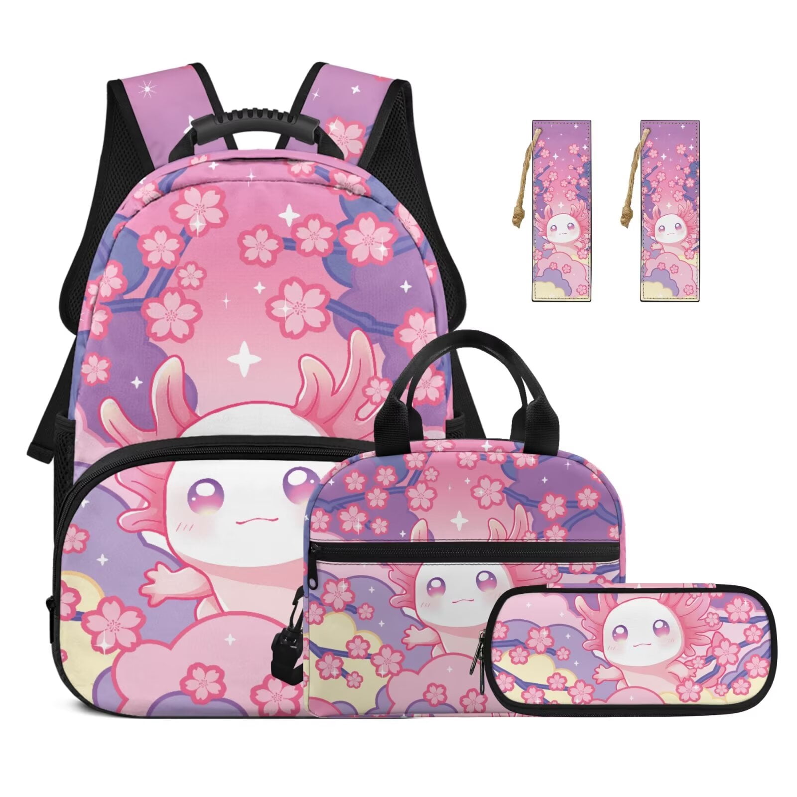 Pzuqiu Cherry Blossom Axolotl School Backpack Set for Girls Kids 17 Inch School Bookbag Casual Daypacks Travel Backpack 4 pcs with Lunch Box & Pencil Case Backpacks
