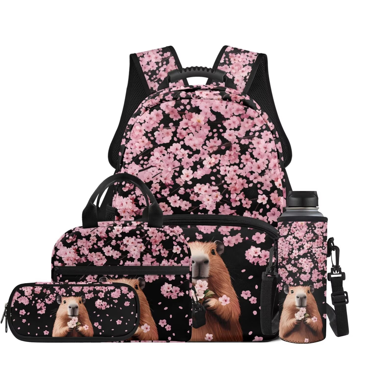 Pzuqiu Cherry Blossom Capybara Kids Backpack for School Girls Backpacks with Lunch Box Pencil Case Backpack for Kids Large Travel Daypack,17 Inch Bookbags School Bag Set of 4