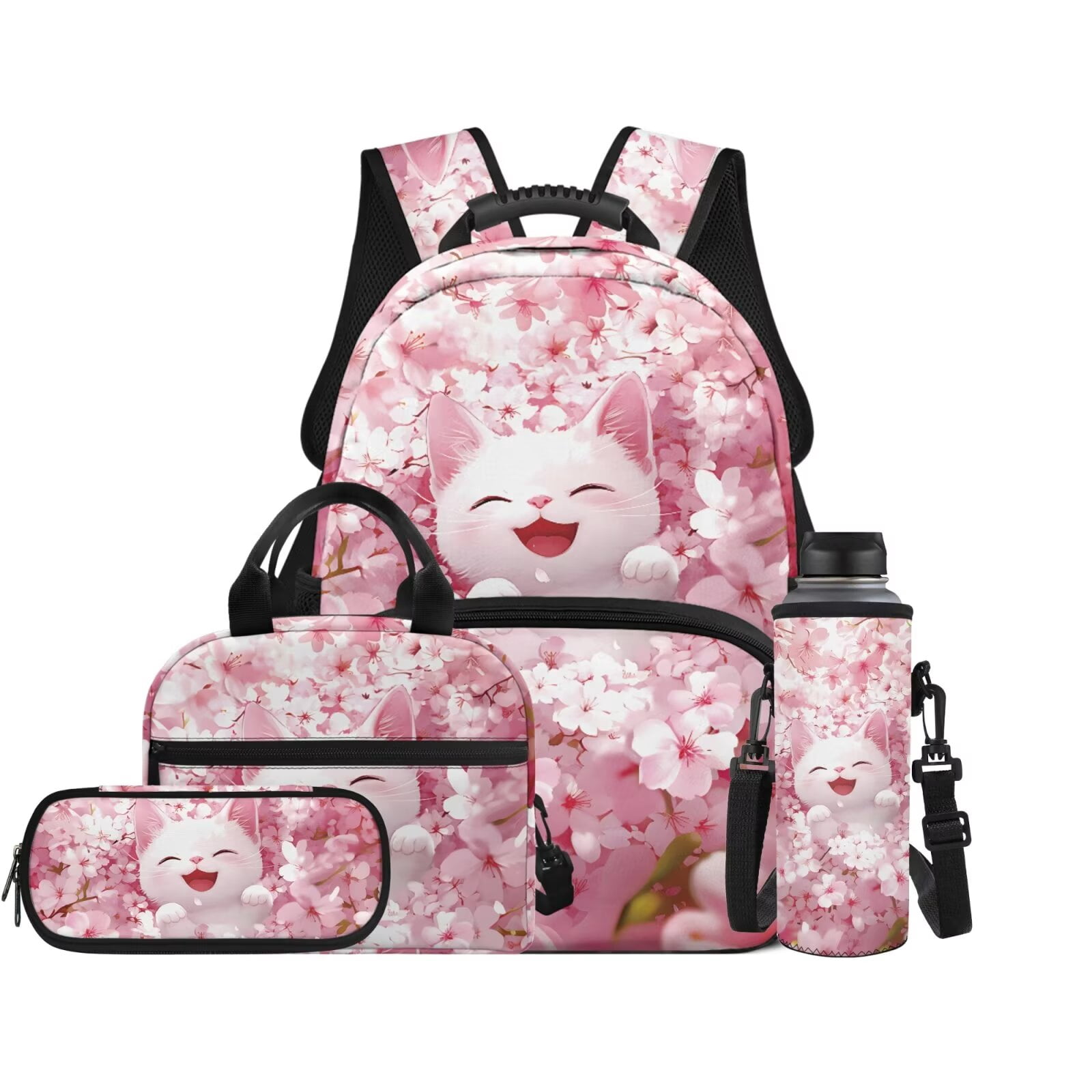 Pzuqiu Cherry Blossom Cat School Backpack Set of 4 Back Pack with Lunch Box Pencil Case Water Bottle Bag Backpacks for School Girls with Adjustable Shoulder Strap Student Bag
