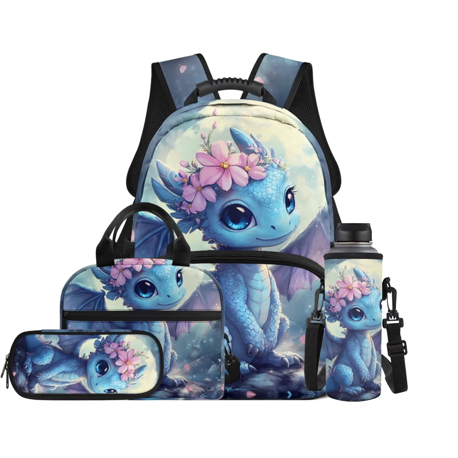 Pzuqiu Cherry Blossom Dragon Kids Backpack Back Pack for School Girls Boys Backpack Lunch Bag with Pencil Bag 4 pcs Travel Daypack Camping School Bags with Water Bottle Holder
