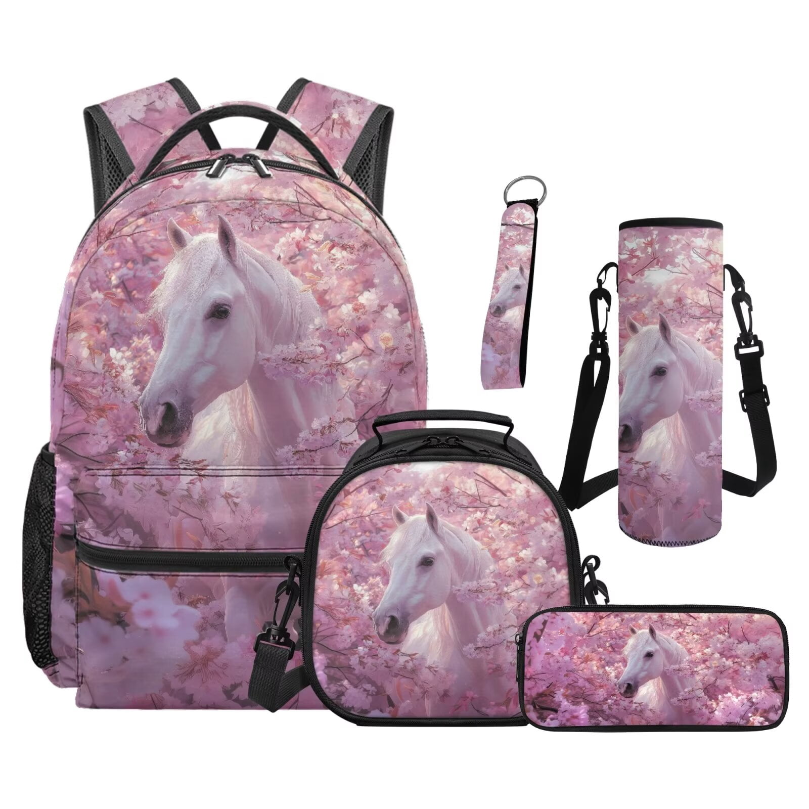 Pzuqiu Cherry Blossom Horse Backpack for Girls 8-10 Kids School Bag with Lunch Box Lightweight School Bookbag for Elementary School 5pcs Kids Backpack Travel Bag