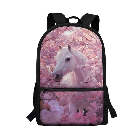 Pzuqiu Cherry Blossom Horse Girls Backpacks Ages 6-8 8-10 Elementary Students Bookbag Cute School Bags 17 Inch Lightweight Large Capacity Bookpack with Font Pocket