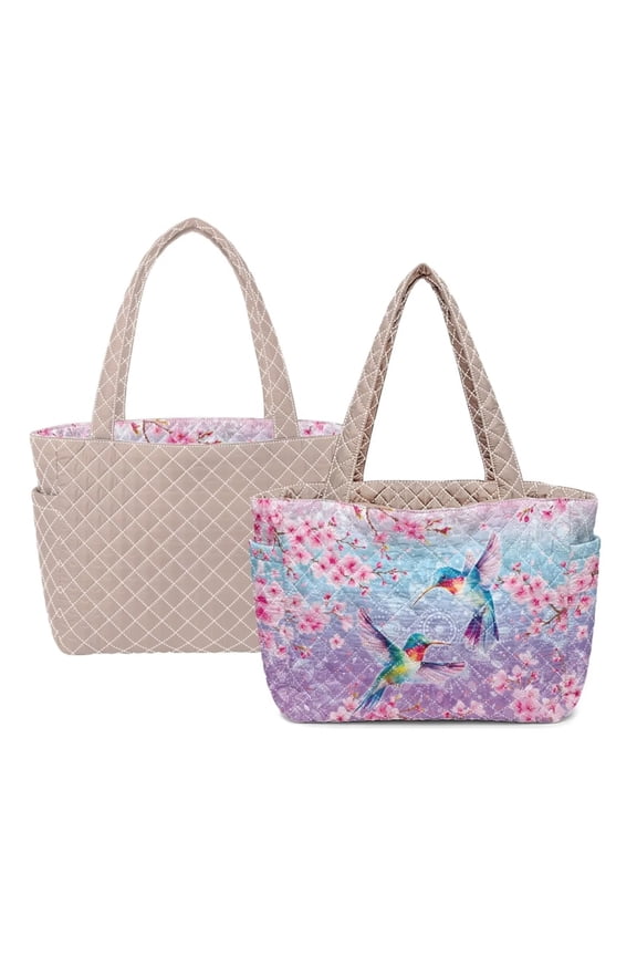 Cherry Blossom Hummingbird Print Large Capacity Quilted Tote Bag for Women Lightweight Soft Puffer Tote Versatile Casual Carry Shoulder Bag for Work School Daily Outings