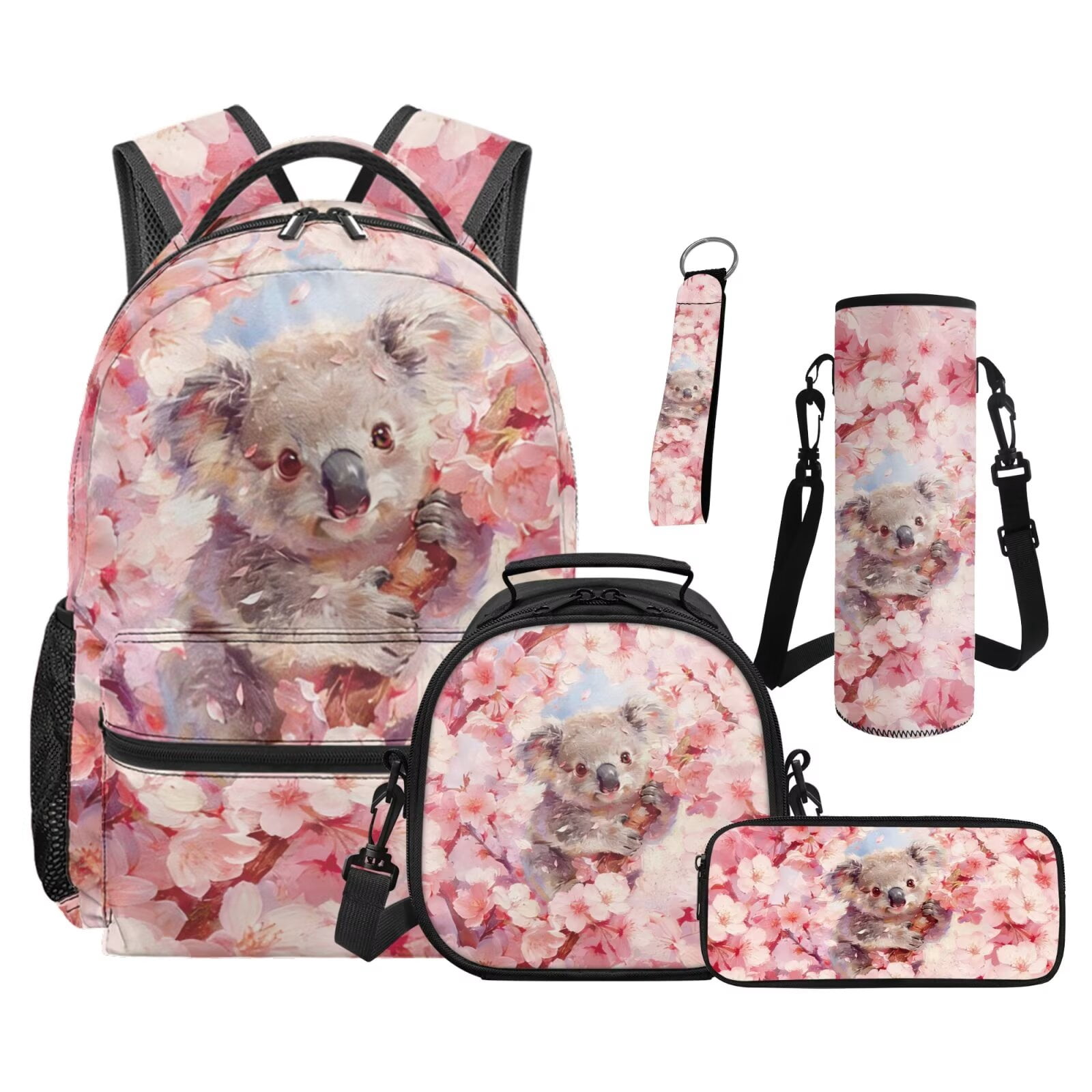 Pzuqiu Cherry Blossom Koala Kids Backpack School Bag Set with Lunch Box Pencil Case Water Bottle Bag 5 Piece Bookbags with Adjustable Shoulder Strap for Girls Teens