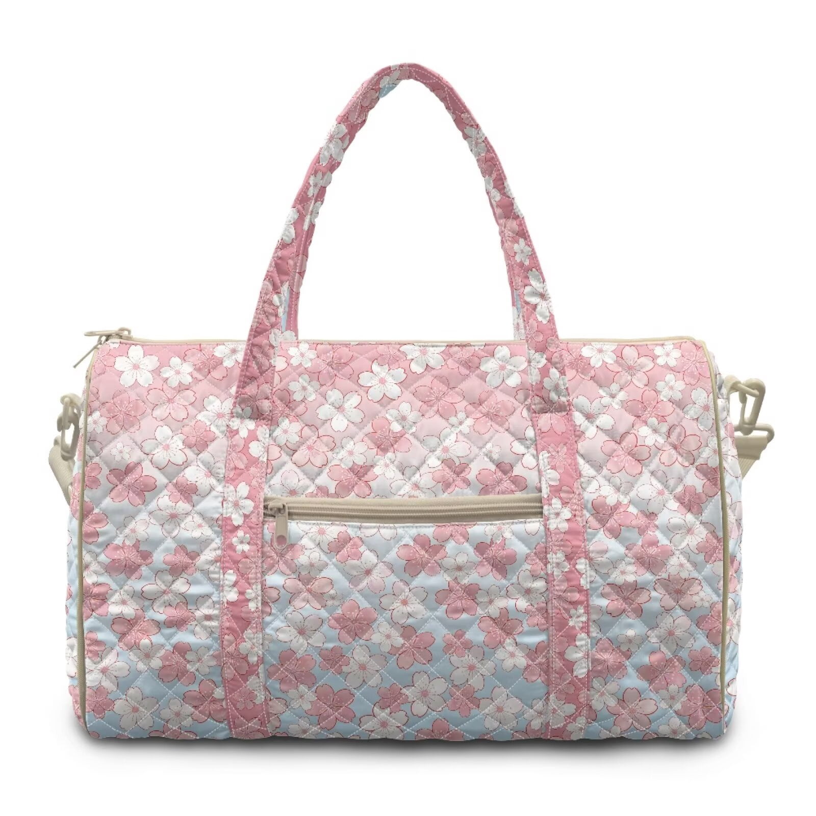 Pzuqiu Cherry Blossom Large Quilted Weekender Bag for Women, Lightweight Soft Puffy Duffle Carry On Tote, Travel Overnight Gym Luggage Bag with Adjustable Strap Portable