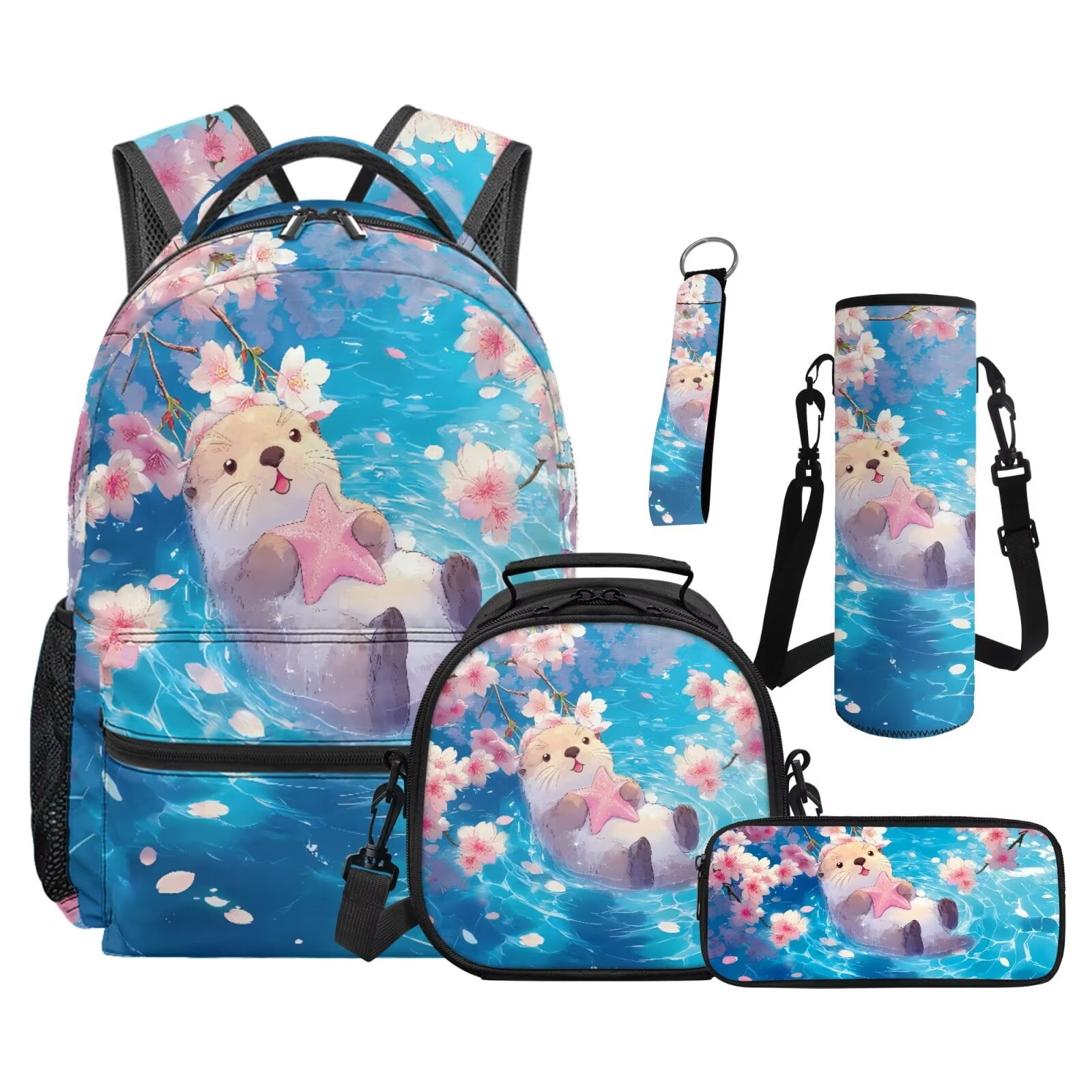 Pzuqiu Cherry Blossom Otter Girls Backpack Set of 5 School Bookbag Purse with Reusable Lunch Tote Bag Water Bottle Bag Pencil Case for Kids Elementary Schoolbags