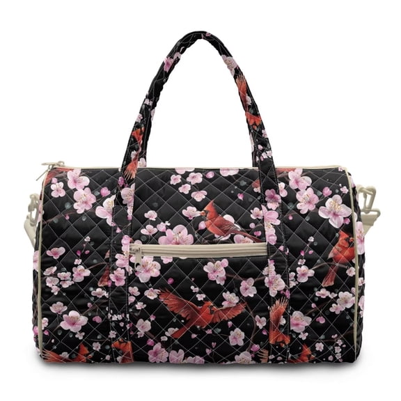 Pzuqiu Cherry Blossom Print Quilted Weekender Bag for Women, Large Capacity Lightweight Puffer Travel Duffel Carry On Tote for Weekend Trips, Gym, Hospital Travel Handbags