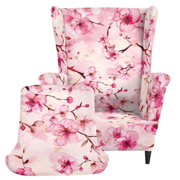 Pzuqiu Cherry Blossom Print Wing Chair Cover, Machine Washable Single Wing Armchair Slipcover with High Stretch, 2 Piece Comfortable Armchair Cover