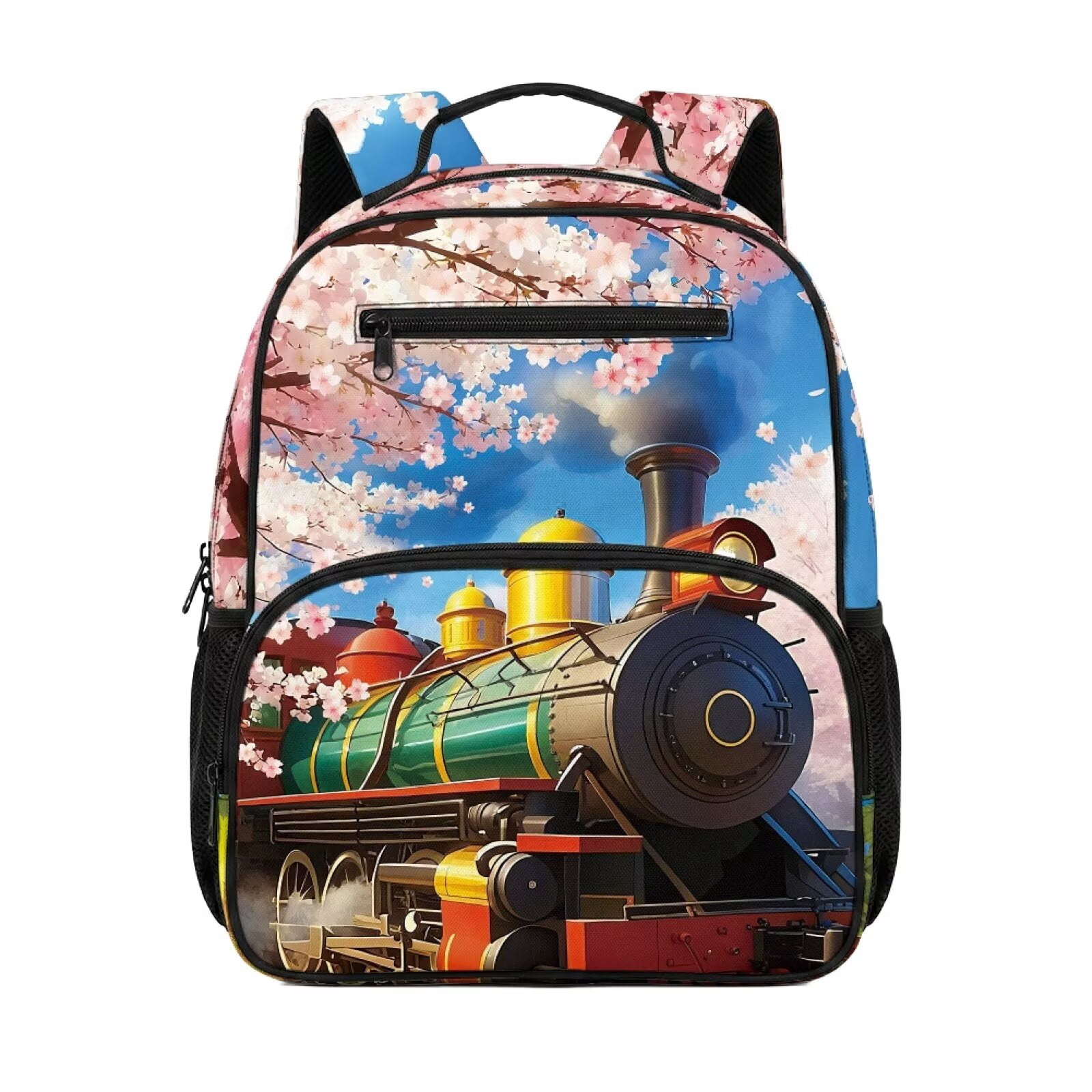Pzuqiu Cherry Blossom Steam Train 13.5 Inch Kids School Backpack Breathable Lightweight Bookbag for Boys Girls Preschool Kindergarten Daycare with Adjustable Padded Straps