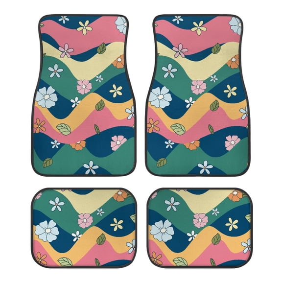 Pzuqiu Chic Full Set 4-Piece Car Floor Mats with Retro Floral Wavy Design - Durable Non-Slip All-Weather Interior Protection