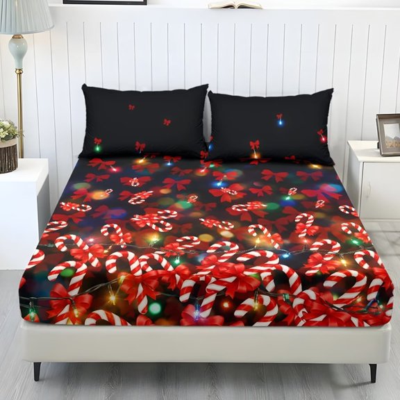 Pzuqiu Christmas Candy Fitted Sheet, Soft All Season Bedding Sheet 3 Piece with 2 Pillowcases, Stretchy Wrinkle Resistant, Breathable, Machine Washable, Lightweight for Holiday, Fits Most Mattresses