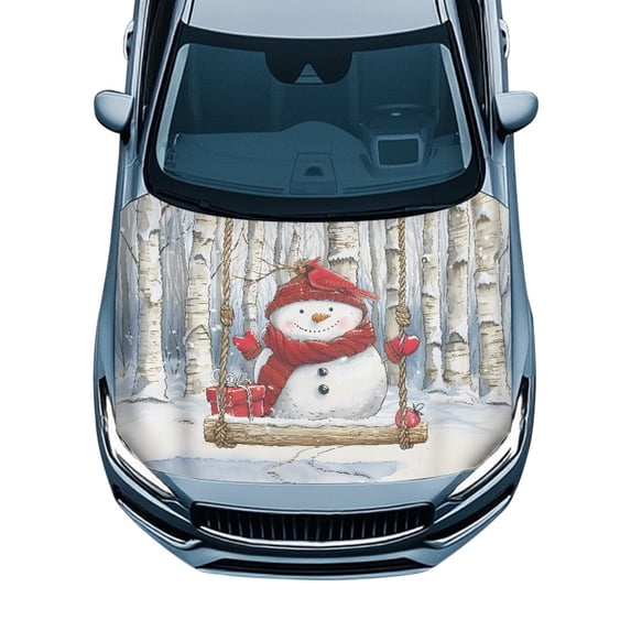 Pzuqiu Christmas Car Hood Cover Protector Featuring Snowman Cardinal - Universal Fit for Holiday Vehicle Decoration